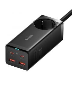 Baseus GaN 3 Pro Charger Power Strip 100W (PSZM000401) - захранване за ел. мрежа за лаптопи, смартфони и таблети с AC, 2xUSB-A и 2xUSB-C изходи с технология за бързо зареждане и USB-C кабел (черен)