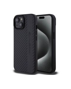 AMG Carbon Effect Leather MagSafe Case - дизайнерски кожен кейс с висока защита с MagSafe за iPhone 15 (черен)
