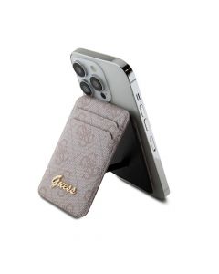 Guess 4G Metal Script Magnetic Cardslot Wallet - кожен портфейл (джоб) с вградена поставка за прикрепяне към iPhone с MagSafe (розов)