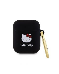 Hello Kitty AirPods Liquid Silicone 3D Kitty Head Logo Case - силиконов калъф с карабинер за Apple AirPods и Apple AirPods 2 (черен)