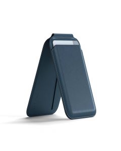 Satechi Vegan-Leather Magnetic Wallet Stand - кожен портфейл (джоб) с вградена поставка за прикрепяне към iPhone с MagSafe (тъмносин)