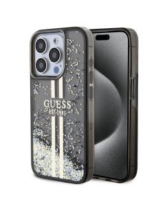 Guess Liquid Glitter Gold Stripe Case - дизайнерски кейс с висока защита за iPhone 15 Pro Max (черен)