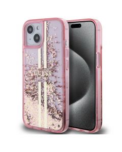 Guess Liquid Glitter Gold Stripe Case - дизайнерски кейс с висока защита за iPhone 15 Pro Max (розов)