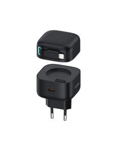 Usams GaN Wall Charger With Magnetic Retractable Lightning Cable 35W - захранване за ел. мрежа с USB-C изход и вграден Lightning кабел (черен)