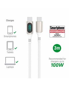 4smarts DigitCord USB-C to USB-C 100W Cable - здрав кабел с въжена оплетка и дисплей, за зареждане на устройства с USB-C порт (300 см) (бял)