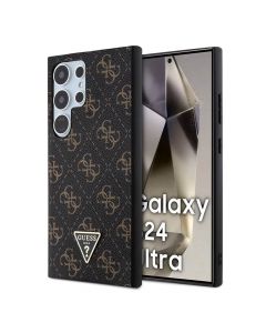 Guess PU 4G Triangle Metal Logo Case - дизайнерски кожен кейс за Samsung Galaxy S24 Ultra (черен)