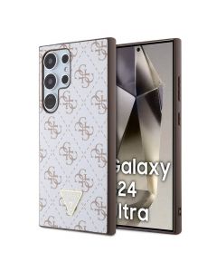Guess PU 4G Triangle Metal Logo Case - дизайнерски кожен кейс за Samsung Galaxy S24 Ultra (бял)