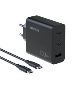 HuntKey P100 Fast Wall Charger 100W - захранване за ел. мрежа за мобилни устройства с 1xUSB-A и 3xUSB-C изходи с технология за бързо зареждане и USB-C кабел  (черен)