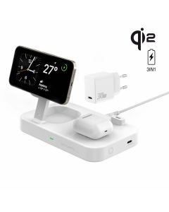 4smarts Qi2 Charging Station Trident - двойна поставка (пад) за безжично зареждане за iPhone с MagSafe, Apple Watch, AirPods Pro и Qi съвместими мобилни устройства (бял)