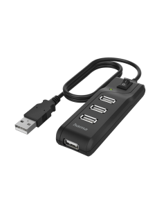 USB хъб HAMA, С бутон вкл./изкл., USB 2.0, 1:4, 480 Mbit/s, черен