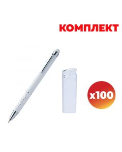 Комплект химикалка Nilf и запалка ЕB-15, бели, по 100 броя
