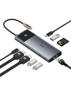 USB хъб Baseus 10 в 1 Metal Gleam II Series Type-C към 2xHDMI, USB-C, 3xUSB-A, RJ45, SD/TF,  USB-C(PD) B00061800813-01 - сив