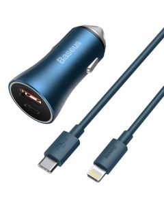 Зарядно за кола Baseus Golden Contactor Pro с USB-A и USB-C изход 40W + кабел Type-C към Lightning 1м, син