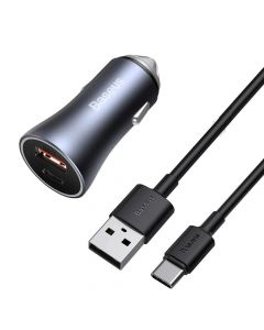 Зарядно за кола Baseus с USB-A и USB-C изхода 40W + кабел USB-А към USB-C 1м, тъмно сив