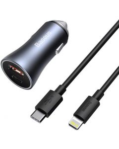 Зарядно за кола Baseus Golden Contactor Pro с USB-A и USB-C изхода 40W + кабел Type-C към Lightning 1м, черен