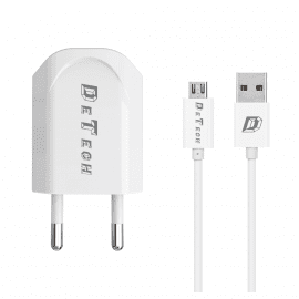 Мрежово зарядно устройство, DeTech, DE-11M, 5V/1A, 220V,1 x USB, С Micro USB кабел, 1.0m, Бял - 14115