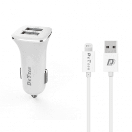 Зарядно устройство за кола DeTech, DE-C01i, 5V/2.4A, 12/24V, С Lightning кабел, 2 x USB, Бял - 14123