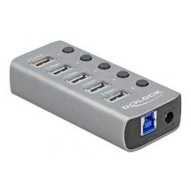 USB хъб Delock 3.2 Gen 1, 4 x USB-A, 1 Fast Charging Port, 1 x USB-B, Подсветка, Сив