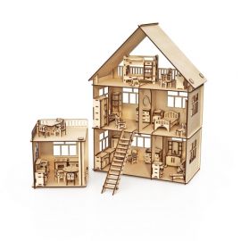 Дървен сглобяем комплект, Къща за кукли с пристройка, С мебели, 296 части 270148