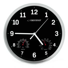 Стенен часовник Esperanza Lyon EHC016K, 25 см, Влагомер, Термометър, Черен