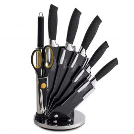 Комплект стоманени ножове Royalty Line RL-BLK8W, 8 ч, Стойка, Незалепващо покритие, Черен