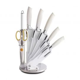 Комплект стоманени ножове Royalty Line RL-WHT8W, 8 ч, Стойка, Незалепващо покритие, Бял