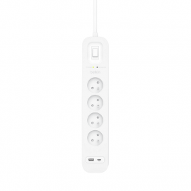 Защитен разклонител Belkin USB-A, USB-C и 4 гнезда с кабел 1М, Бял SRB001ca2M