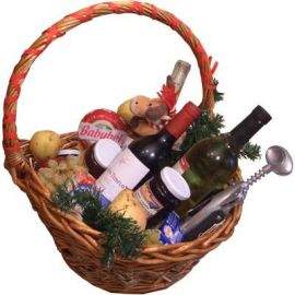 "Вносно вино, сирена и плодове" кошница с подаръци