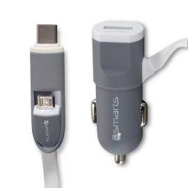 4smarts MultiCord Car Charger MicroUSB + USB-C - зарядно за кола с кабел за microUSB и USB-C стандарти (бял-сив)