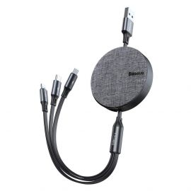 Baseus Fabric 3-in-1 Flexible Cable USB - универсален USB кабел с Lightning, microUSB и USB-C конектори (120 см) (сив)