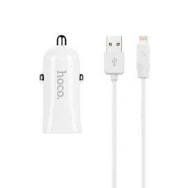Hoco Dual USB Car Charger 4.8A & Lightning Cable - зарядно за кола с 2xUSB изходa (4.8A) и Lightning кабел за iPhone, iPad и iPod с Lightning порт (бял)