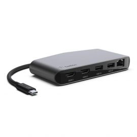 Belkin Thunderbolt 3 Dock Mini HD  - мултифункционален хъб за свързване от USB-C към към два HDMI, Ethernet, USB 3.0. USB 2.0 порта (тъмносив)