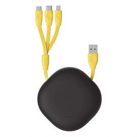 Baseus Lets Go Little Reunion One-Way Stretchable 3-in-1 USB Cable - универсален USB кабел с Lightning, microUSB и USB-C конектори (80 см) (жълт)