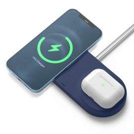 Elago MagSafe Charging Hub Duo - двойна силиконова поставка за безжично зареждане на iPhone чрез поставяне на Apple MagSafe Charger (тъмносин)