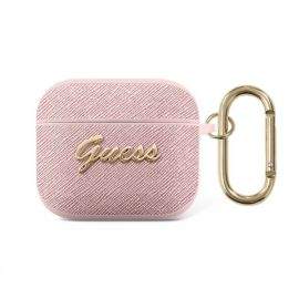 Guess Airpods 3 Saffiano Metal Logo Hard Case - кожен кейс с карабинер за Apple Airpods 3 (розов)