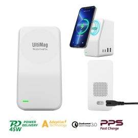 4smarts 5-in-1 Charging Station UltiMag DeskTower - станция за безжично зареждане на iPhone с MagSafe, с допълнителни 2xUSB-A и 2xUSB-C изходи (бял)