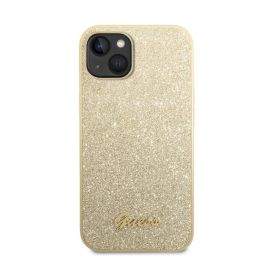 Guess Glitter Flakes Metal Logo Case - хибриден удароустойчив кейс за iPhone 14 (златист)