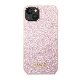 Guess Glitter Flakes Metal Logo Case - хибриден удароустойчив кейс за iPhone 14 (розов)