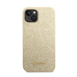 Guess Glitter Flakes Metal Logo Case - хибриден удароустойчив кейс за iPhone 14 Plus (златист)