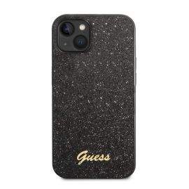 Guess Glitter Flakes Metal Logo Case - хибриден удароустойчив кейс за iPhone 14 Plus (черен)