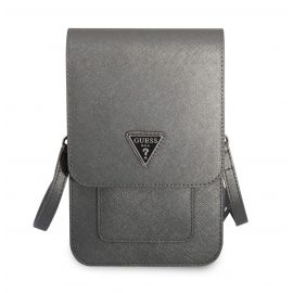 Guess Saffiano Triangle Logo Phone Bag - кожена чанта (портфейл) с презрамка (сив)