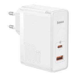 Baseus GaN 5 Pro Charger 100W (CCGP090202) - захранване за ел. мрежа за лаптопи, смартфони и таблети с USB-A и USB-C изходи с технология за бързо зареждане и USB-C кабел (бял)