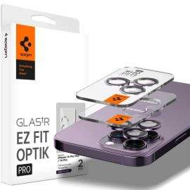 Spigen Optik Pro tR Ez Fit Lens Protector 2 Pack - 2 комплекта предпазни стъклени лещи за камерата на iPhone 14 Pro, iPhone 14 Pro Max (лилав)