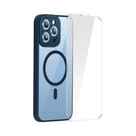 Baseus Frame MagSafe Hybrid Protection Set - хибриден удароустойчив кейс с MagSafe и стъклено защитно покритие за дисплея на iPhone 14 Pro (син-прозрачен)