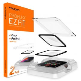 Spigen ProFlex EZ Fit Hybrid Glass Protector - хибридно защитно покритие с извити ръбове за целия дисплей на Apple Watch 44мм (2 броя) (черен-прозрачен)