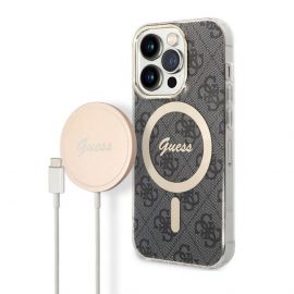 Guess 4G Printed Stripe MagSafe Case With MagSafe Wireless Charger Set - комплект хибриден удароустойчив кейс с MagSafe и поставка (пад) за безжично зареждане за iPhone 14 Pro (черен)