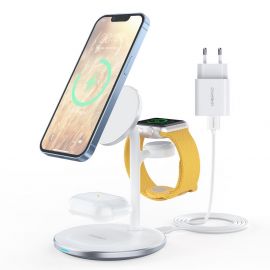 Choetech 3in1 Inductive Wireless Charging Station - тройна поставка (пад) за безжично зареждане за iPhone с Magsafe, Apple Watch и AirPods (бял)