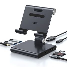 ESR 8in1 Universal Portable Stand USB-C Hub 100W PD - сгъваема алуминиева поставка с вграден USB-C хъб за таблети до 12.9 инча (тъмносив)
