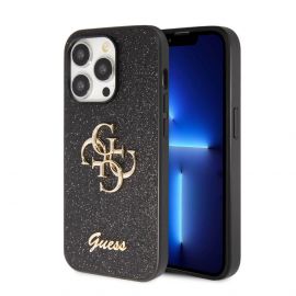 Guess PU Fixed Glitter 4G Metal Logo Case - силиконов (TPU) калъф за iPhone 15 Pro Max (черен)