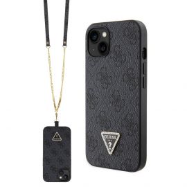 Guess PU 4G Strass Triangle Metal Logo Case With Crossbody Strap - дизайнерски кожен кейс с връзка за носене през врата за iPhone 15 (черен)